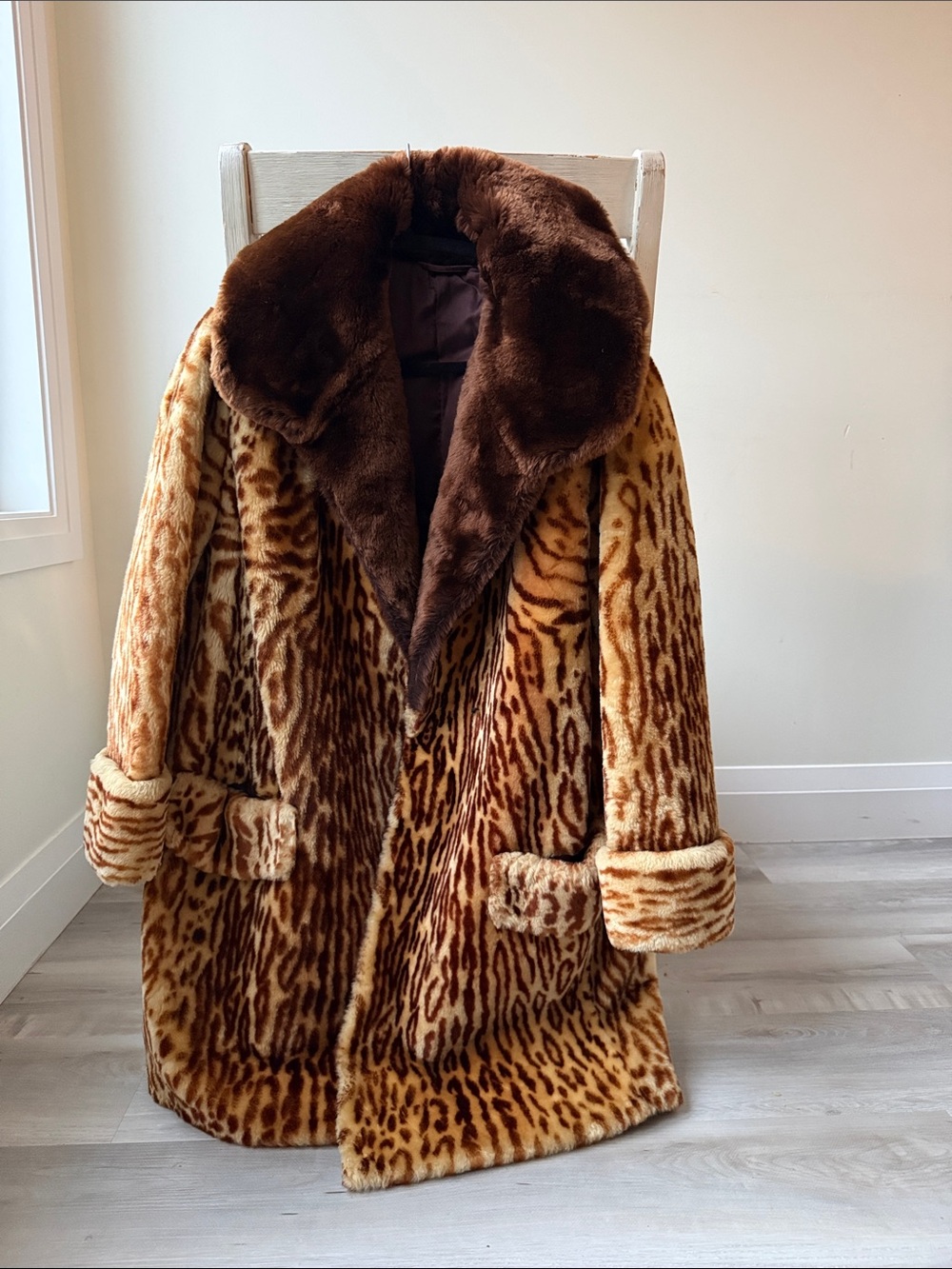 Vintage 1950’s Brown Faux Fur Animal-Print Coat with Dark Brown Collar